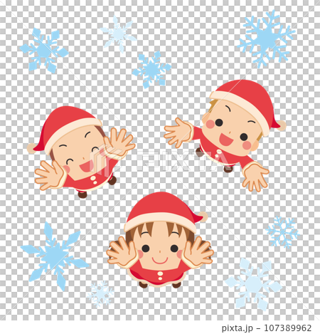 舞い降りる雪の結晶を見上げるサンタコスチュームの可愛い小さな子どもたちのイラスト 白背景 舞い降りる雪の結晶を見上げるサンタコスチュームの可愛い小さな子どもたちのイラスト 白背景 107389962