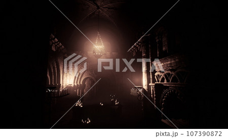 Mysterious interior ancient candle-lit cathedral 107390872