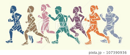 Children Running Together Boy and Girl Cartoon Sport Graphic Vector 107390936