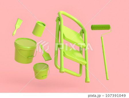 Set of metal cans or buckets with paint roller, brush and folding ladder 107391049