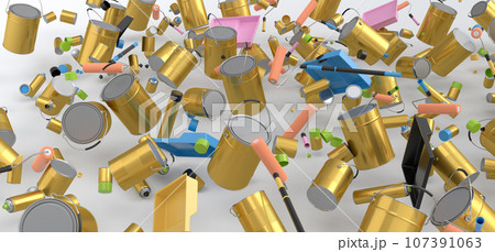 Many of flying metal cans or buckets with paint roller, brush on white 107391063