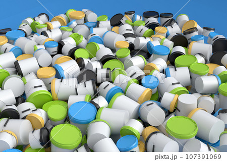 Pile of colorful plastic cans or buckets on white background. 107391069