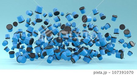 Many of flying plastic cans or buckets on blue background. 107391070