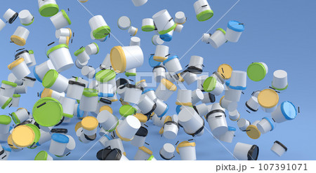 Many of flying plastic cans or buckets on blue background. 107391071