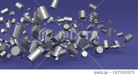 Many of flying metal cans or buckets on violet background. 107391073