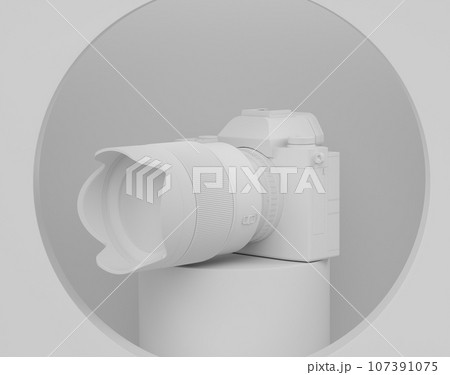 Abstract scene or podium with nonexistent DSLR camera and lens on monochrome 107391075