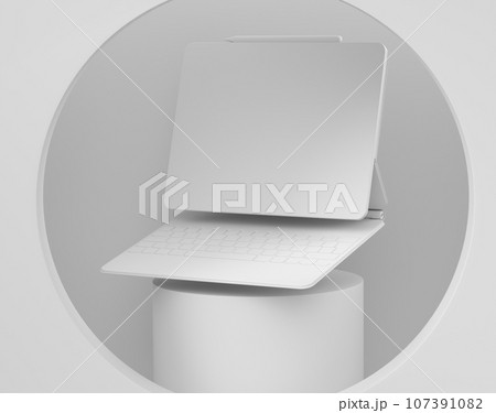 Abstract scene or podium with computer tablet with keyboard on monochrome 107391082