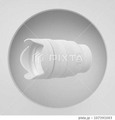 Abstract scene or podium with nonexistent DSLR camera and lens on monochrome 107391083