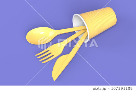 Set of disposable utensils like folk, spoon,knife and cup on monochrome 107391109