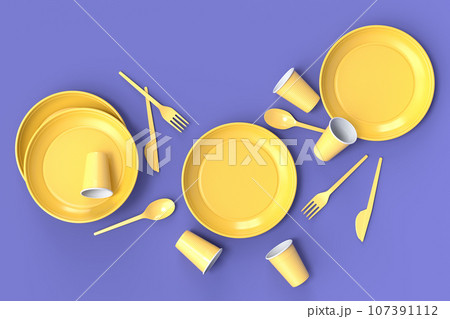 Set of disposable utensils like plate, folk, spoon,knife and cup on monochrome 107391112