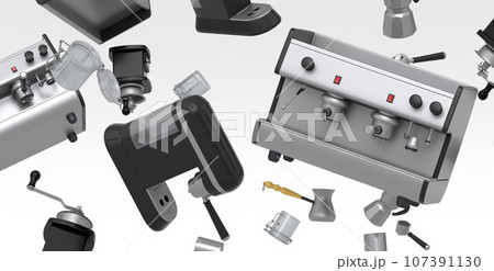 Many of flying espresso machine with horn, cups, geyser coffee maker and grinder 107391130