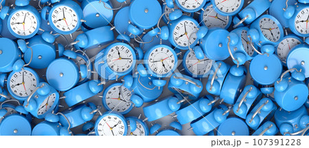 Pile of alarm clocks on blue background. 3d render of wake up time Pile of alarm clocks on blue background. 3d render of wake up time 107391228