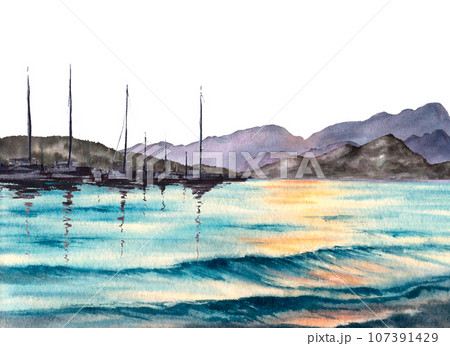 Adriatic sea watercolor landscape with silhouette of mountains, harbour, yachts, fishing boats and sea reflection. Illustration hand drawn isolated on white background. Seascape flyer, postcard, print 107391429
