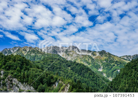 富山県立山黒部アルペンルートからの立山連峰の景色 107391453