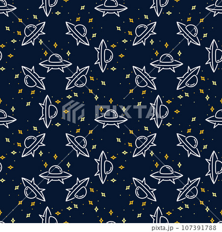 UFO Extraterrestrial Spacecraft vector colored linear seamless pattern 107391788