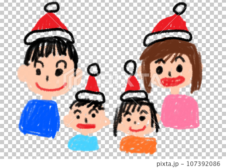 子どもが描いたような、クリスマスの家族の絵 107392086