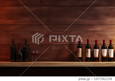 Bottles of red wine on a wooden shelf. Copy space for winery Bottles of red wine on a wooden shelf. Copy space for winery 107392230