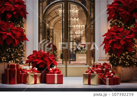 Red poinsettias and gift packages with bows. Christmas decorations Red poinsettias and gift packages with bows. Christmas decorations 107392259