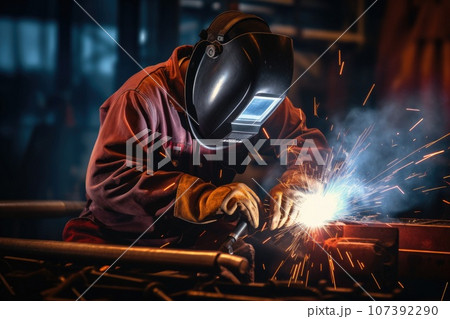 Industrial welder with torch in the factory Industrial welder with torch in the factory 107392290