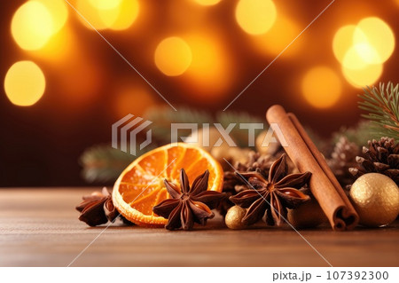 Dried oranges with anise and cinnamon sticks Dried oranges with anise and cinnamon sticks 107392300