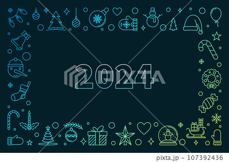 Merry Xmas 2024 colored horizontal Banner in line style - vector Happy New Year frame 107392436