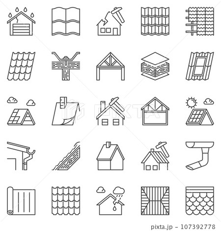 Roof Repair outline icons set - Housetop and Roofing vector signs 107392778