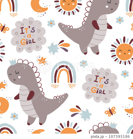 Childish seamless pattern with hand drawn dinosaurs. Creative vector kids background for fabric, textile, wallpaper. Childish seamless pattern with hand drawn dinosaurs. Creative vector kids background for fabric, textile, wallpaper. 107393186