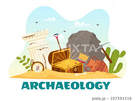 Archeology Vector Illustration with Archaeological Excavation of ancient Ruins, Artifacts and Dinosaurs Fossil in Flat Cartoon Hand Drawn Templates 107393316