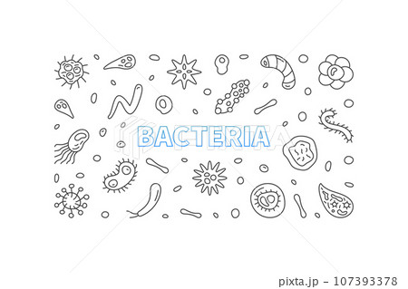 Bacteria concept outline vector horizontal minimal banner with microbes signs Bacteria concept outline vector horizontal minimal banner with microbes signs 107393378