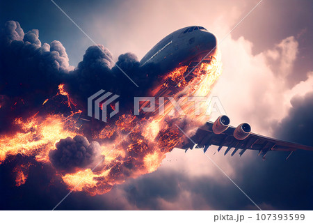 Aircraft explosion during flight. Airliner catastrophe. Plane accident in clouds. Generative AI 107393599