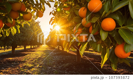畑のみかん、太陽とオレンジの風景　AI生成画像 107393872