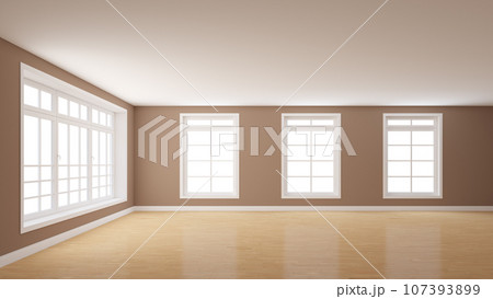 Empty Room with Brown Plastered Walls, a Large Window on the Left and Three Windows on the Center. White Plinth and a Light Parquet Floor. Mockup Interior. 3d Rendering, 8K Ultra HD, 7680x4320 107393899
