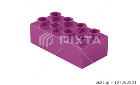 Purple Wine Plastic Lego Block Isolated on a White Background. Children Toy Brick, Perspective View. Close Up View of a Game Block for Constructors. 3D illustration. 8K Ultra HD, 7680x4320, 300 dpi 107393901
