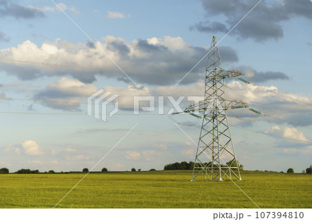 Power electric energy tower landscape. Hight voltage power line transmission Power electric energy tower landscape. Hight voltage power line transmission 107394810