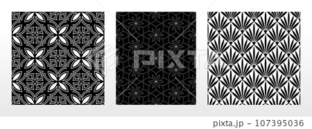 Geometric floral set of seamless patterns. White and black vector backgrounds. Damask graphic ornaments. 107395036