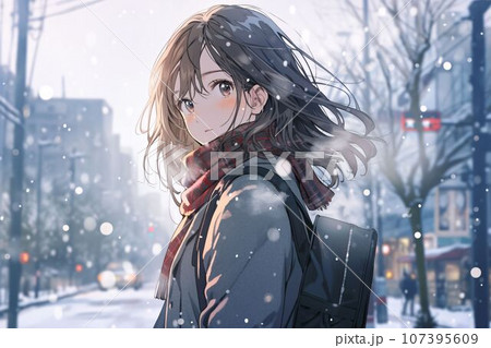 冬に雪が降る街で立つ日本の女子高生のアニメ風イラスト（AI生成画像） 107395609