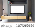 Stylish room interior with modern TV mockup,  decor 107395959