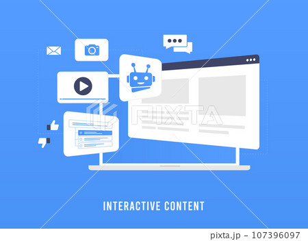 Interactive content marketing concept. Interactive content engages audiences actively for better experience. It includes quizzes, calculators, polls, games, photo, dynamic presentations, video content Interactive content marketing concept. Interactive content engages audiences actively for better experience. It includes quizzes, calculators, polls, games, photo, dynamic presentations, video content 107396097