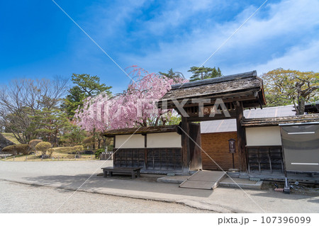 福島県会津若松市　桜咲く春の会津若松城内にある茶室麟閣の外観 107396099