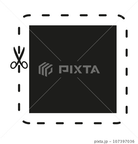 Cut line icon with scissor, cut here guidance, scissors and dash. Coupon mark and symbol for cropping, signifying voucher. Flat vector illustrations isolated in background. 107397036