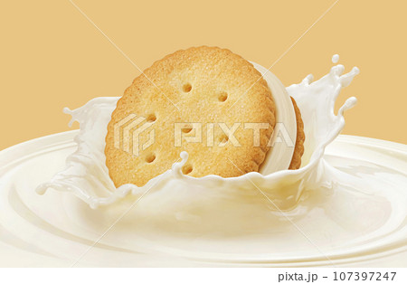 Sandwich cookie falling into milk splash isolated on color background 107397247