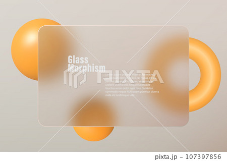 Glass morphism landing page with rectangular glass frame. Illustration with blurry floating orange spheres. 107397856
