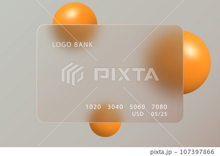 Glass morphism landing page with rectangular credit card. Vector illustration with blurred floating spheres in orange color. 107397866