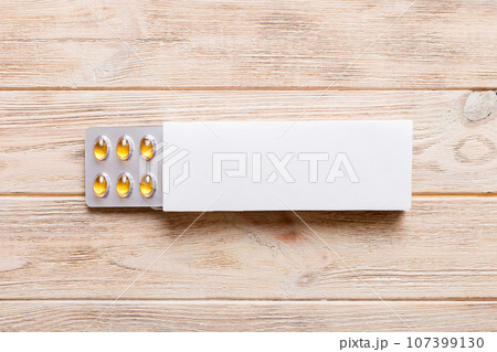 Blank White Product Package Box Mock-up. Open blank medicine drug box with omega blister top view Blank White Product Package Box Mock-up. Open blank medicine drug box with omega blister top view 107399130