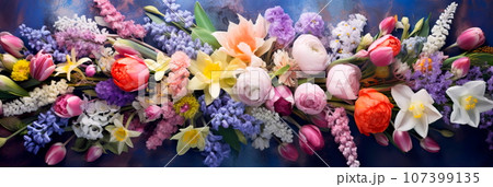 Fresh spring flowers in a baguette frame. Generative AI 107399135