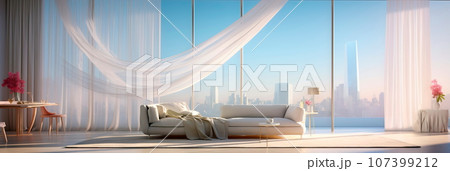 studio apartment with large windows and sheer curtains, allowing ample natural light to fill the space and enhance the minimalist aesthetics . Generative AI 107399212