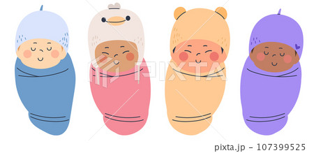 Diverse Newborn Baby Wrapped With Blanket 107399525