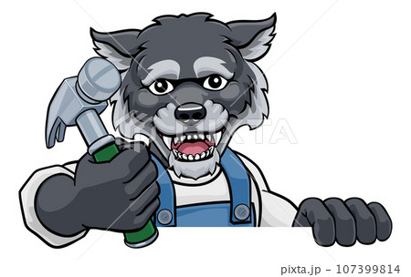 Wolf Carpenter Handyman Builder Holding Hammer Wolf Carpenter Handyman Builder Holding Hammer 107399814