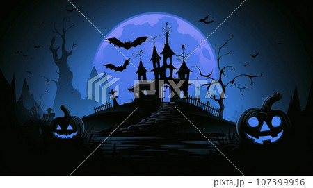ハロウィーンのかぼちゃと城の背景イラスト　AI画像 107399956