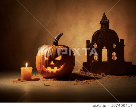 ハロウィーンのかぼちゃと城の背景イラスト　AI画像 107400417
